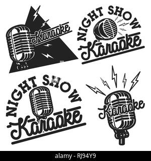 Satz von Karaoke ähnliche vintage Etiketten, Abzeichen und Designelementen. Karaoke club Embleme. Mikrofone auf weißem Hintergrund. Vector Illustration Stock Vektor