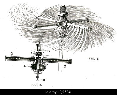 Ein kupferstich mit der Darstellung eines revolvierenden Sprinkler: Hitze schmilzt Schmelzsicherungen Metall an D, Wasser tritt indiarubber Kugel, A. Gerät arbeitet dann wie eine Barker Mill. Vom 19. Jahrhundert Stockfoto