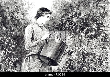 Eine Gravur, eine junge Dame, die Bewässerung von Pflanzen im Garten. Vom 19. Jahrhundert Stockfoto