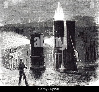 Ein kupferstich mit der Darstellung der Henry Bessemer Durchführen von Experimenten bei Baxter Haus, um seine Methode zur Verwendung von blasts von Luft geschmolzenes Eisen zu Stahl verwandeln. Henry Bessemer (1813-1898) ein englischer Erfinder. Vom 19. Jahrhundert Stockfoto