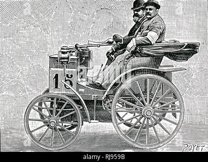 Eine Gravur, René Panhard & Emile Levassor in Ihrem Zweisitzer Benzin angetriebene Auto, in dem Sie die Straße Rennen von Le Petit Journal Sponsoren gewonnen. René Panhard (1841-1908), ein französischer Ingenieur, Kaufmann und ein Pionier der Automobilindustrie in Frankreich. Emile Levassor (1843-1897), ein französischer Ingenieur und Pionier in der Automobilindustrie und Autorennen in Frankreich. Vom 19. Jahrhundert Stockfoto