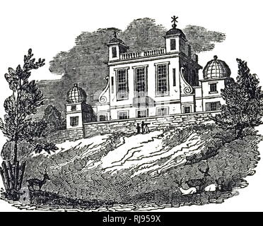 Eine Gravur mit einer Ansicht von Flamsteed House, das ursprüngliche Teil das Royal Observatory, Greenwich Park. Von Sir Christopher Wren (1632-1723) ein englischer Anatom, Astronom, Geometer, Mathematiker, Physiker und Architekten. Vom 19. Jahrhundert Stockfoto