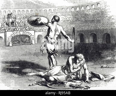 Eine Gravur, die Gladiatoren im Colosseum kämpfen, im antiken Rom. Vom 19. Jahrhundert Stockfoto