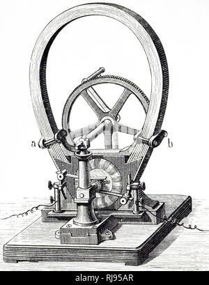 Eine Gravur mit kleinen Hand Zenobe Gram's Dynamo für die Arbeit im Labor. Der Rotor gedreht zwischen den Polen eines ständigen Stahl Magnet. Zenobe Gramm (1826-1901) ein belgischer Elektroingenieur. Vom 19. Jahrhundert Stockfoto