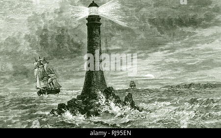 Eine Gravur, Bell Rock Leuchtturm, vor der Küste von Angus, Schottland, entworfen von Robert Stevenson. Robert Stevenson (1772-1850) eine schottische Bauingenieur und berühmten Konstrukteur und Erbauer der Leuchttürme. Vom 19. Jahrhundert Stockfoto