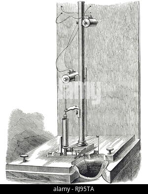 Eine Gravur der Darstellung einer elektromagnetischen high-velocity Recorder; der Magnet (R) , um den ersten Bildschirm angeschlossen. Wenn Projektil durch die Schaltung brach, und die Stange fiel. Magnet (L) auf dem zweiten Bildschirm angeschlossen. wenn projektil durch, der zweite Kreis gebrochen wurde, und die zweite Stange fiel, Aktivierung der Messer, die Stange L. Geschwindigkeit aus der Position der Schnittlinie gemessen. Vom 19. Jahrhundert Stockfoto