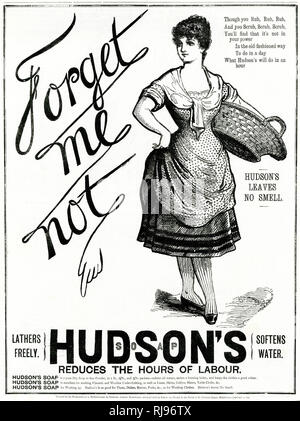 Werbung für "Hudson's Soap', eine Wäscherei frau Ihr Warenkorb Holding. Stockfoto