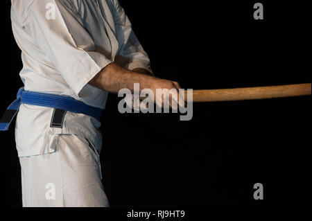 Aikido Kämpfer mit seinem Holz Stick während einem Kampf Stockfoto