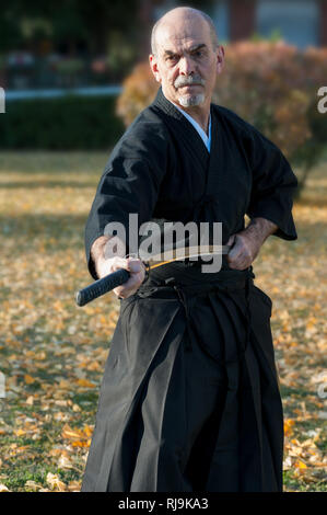 Iaido ist eine japanische Kampfkunst, die betont bewusst zu sein und in der Lage, schnell das Schwert und die Reaktion auf einen plötzlichen Angriff Stockfoto
