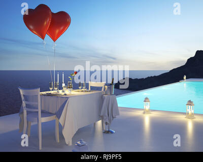 3D-Rendering von Pool Villa mit Champagner. Valentines Tag Stockfoto