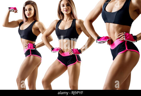 Collage der Frau in Sportswear demonstriert ihre athletischen Körper. Stockfoto