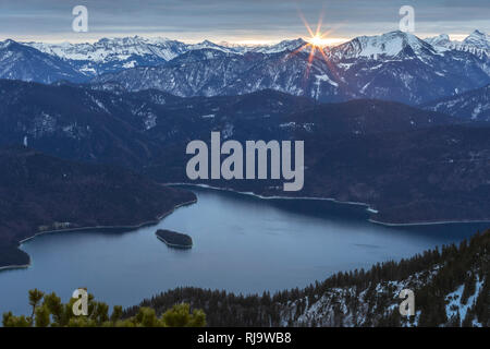 Deutschland, Bayern, Bayerische Alpen, Walchensee, Blick vom Herzogstand in den Walchensee bei Sonnenaufgang Stockfoto