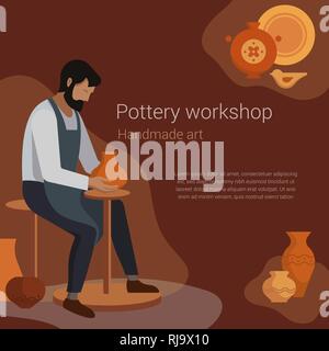 Handwerk Master Potter macht ein Ton Vase. Vector Illustration der Arbeit einer Töpferei Handwerker mit einem Platz für Text. Töpferei Poster. Stock Vektor