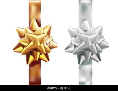 Goldenen, Silbernen Geschenk bug Ribbon vertikal einstellen. Auf weissem Hintergrund. Vector Illustration. Weihnachten, Neujahr, Geburtstag gold Dekoration Stock Vektor