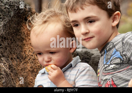 Brüderliche Freude: Zwei junge Brüder teilen sich einen Moment des reinen Glücks, sitzen zusammen mit Vergnügen und Liebe, die in ihren Augen scheint. Stockfoto