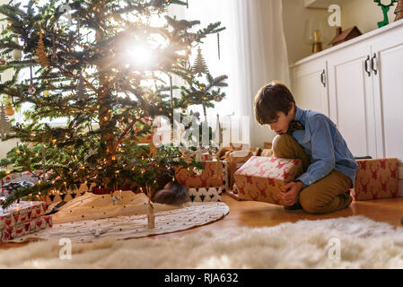 Junge kniend vor einem Weihnachtsbaum, Geschenke Stockfoto