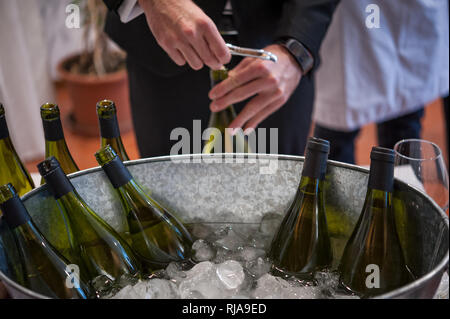 Sommelier öffnen Weinflasche mit Korkenzieher. Big metal Eiskübel mit Flaschen im Vordergrund. Stockfoto