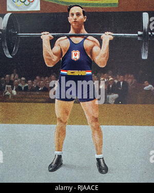 Foto von René Duverger (1911 - 1983) im Jahr 1932 Olympische Spiele. Rene gewann Gold in der 67,5 kg Klasse Gewichtheben für Frankreich. Stockfoto