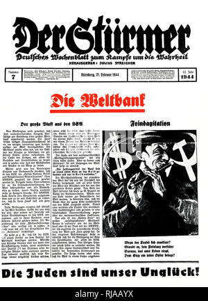 "Der Stürmer, Vorderseite; 1944 warf Nordamerikanischen Juden der Kontrolle der Weltbank. "Der Stürmer war eine wöchentliche Boulevardzeitung - Format Zeitung durch Julius Streicher, der Gauleiter von Franken, ab 1923 veröffentlicht zum Ende des Zweiten Weltkriegs. Es war ein wesentlicher Teil der NS-Propaganda und wurde vehement Antisemitisch. Stockfoto