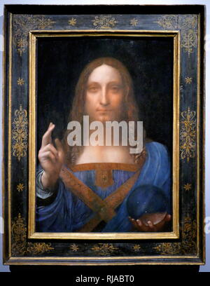 Salvator Mundi; Gemälde von Leonardo da Vinci an der Auktion in 2017 verkauft, für $ 450,300,000, der höchste Preis, der je für ein Gemälde gezahlt. Salvator Mundi, lateinisch für Retter der Welt, ist ein Thema in der Ikonographie der Darstellung Christi mit der rechten Hand zum Segen erhoben und seine linke Hand hält ein Orb (häufig von einem Kreuz überragt), bekannt als Globus cruciger. Letzteres symbolisiert die Erde Stockfoto