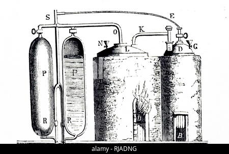 Eine Gravur, Thomas Savery's Dampfmaschine von 1699 für das Pumpen von Wasser aus Minen. Double Furnace (rechts) mit Kessel, deren Dampf führt zu den Zylindern (P, P). Es ist weiter abgekühlt, was dazu führt, dass ein Unterdruck in P, P, die Wasser saugt durch die Leitung, M. Thomas Savery (1650-1715) ein englischer Erfinder und Ingenieur. Vom 19. Jahrhundert Stockfoto