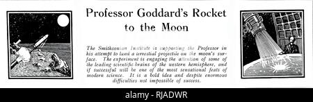 Die Überschrift eines Artikels auf Robert H. Goddard und seine Rakete. Robert H. Goddard (1882-1945), ein amerikanischer Ingenieur, Professor, Physiker und Erfinder. Vom 20. Jahrhundert Stockfoto