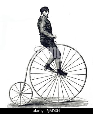 Eine Gravur zeigen einen Mann, einen penny-farthing. Vom 19. Jahrhundert Stockfoto