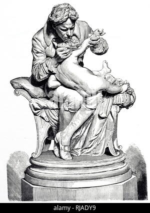 Eine Gravur, eine Statue von Edward Jenner sein Sohn impfen. Edward Jenner (1749-1823) ein englischer Arzt und Wissenschaftler, war der Pionier der Pockenimpfstoff, erste Impfstoff, der Welt. Vom 19. Jahrhundert Stockfoto