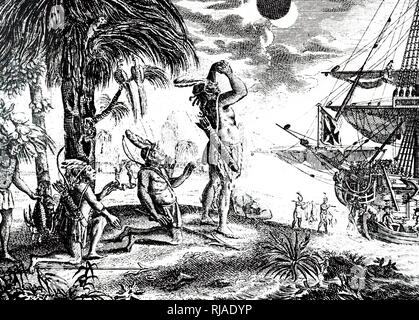 Eine Gravur der Darstellung Inder erstaunt über die Verfinsterung des Mondes wie vorausgesagt von Christopher Columbus. Vom 19. Jahrhundert Stockfoto