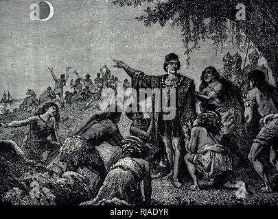 Eine Gravur der Darstellung Inder erstaunt über die Verfinsterung des Mondes wie vorausgesagt von Christopher Columbus. Vom 19. Jahrhundert Stockfoto