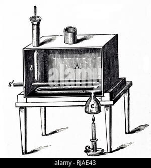 Abbildung: Darstellung von Rumford des Kalorimeters verwendet, um die Menge an Wärme, die durch Verbrennung entstehen zu bestimmen. Benjamin Thompson, Graf von Rumford (1753-1814), Anglo-amerikanische Wissenschaftler. Stockfoto