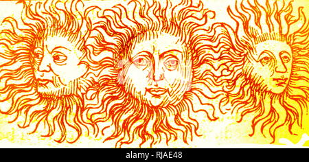 Abbildung: Sun hund Phänomen in der Nürnberger Chronik dargestellt. 1493. Diese Version wurde mit dem Tod von Julius Caesar in 44 v. Chr. zugeordnet. Eine Sonne Hund (oder sundog) oder mock Sun, formal als parhelion, (plural Parhelia), in der Meteorologie, ist eine atmosphärische optische Phänomen, das besteht aus einem hellen Punkt links oder rechts von der Sonne Aristoteles stellt fest, dass "Zwei mock Sonnen stieg mit der Sonne und den ganzen Tag über bis zum Sonnenuntergang. Stockfoto