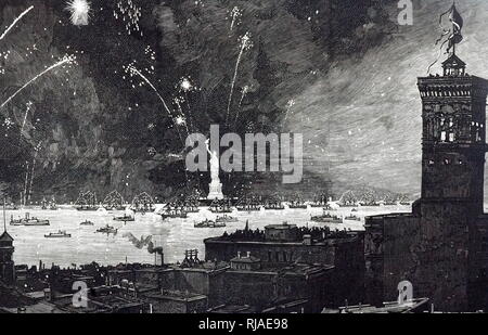 Eine Gravur, die das Feuerwerk bei der Einweihung der Freiheitsstatue. Vom 19. Jahrhundert Stockfoto