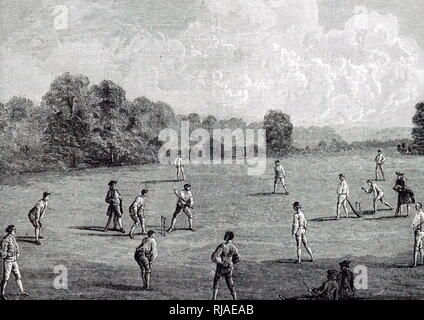 Ein kupferstich mit der Darstellung der Royal Academy Club spielen Kricket in Marylebone Felder. Vom 19. Jahrhundert Stockfoto