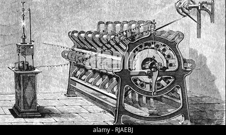 Ein kupferstich mit der Darstellung der Allianz Nolet Generator verwendet werden Stromversorgung eines Lichtbogen-schweiLampe. In Leuchttürme auf La Heve verwendet. Vom 19. Jahrhundert Stockfoto