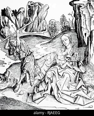 Holzschnitt zeigt Adam und Eva nach ihrer Vertreibung aus dem Garten Eden. Eve ist gezeigt, saugen Ihr Kind, während Adam ist der Boden bebauen. Von Hartmann Schedel Liber Chronicarum Mundi (Nürnberg Chronik), Nürnberg, 1493 Stockfoto