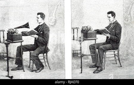 Abbildung einer Edison Phonographen verwendete Sprachen zu lernen. Links: Aufnahme der Stimme. Rechts: hören Sie sich die Aufnahme an. 1893 Stockfoto