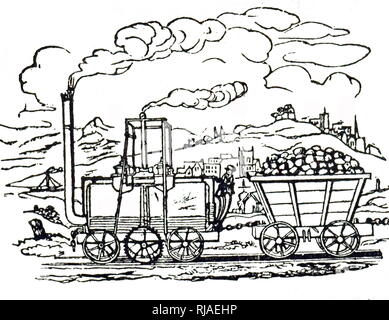 Eine Gravur der Darstellung einer Dampflokomotive gebaut von Matthew Murray für John Blenkinsop und Kohlen von Middleton Colliery nach Leeds zu schleppen. Das mittlere Rad war gezahnt und auf einem Rack Rail gearbeitet. Matthew Murray (1765-1826) ein englischer Dampfmaschine und Maschinenhersteller. John Blenkinsop (1783-1831) ein englischer Bergbau Ingenieur und Erfinder von Dampflokomotiven. Vom 19. Jahrhundert Stockfoto