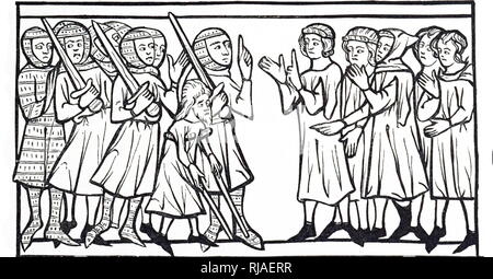 Ein holzschnitt Kupferstich, der sonderbeauftragten ein Sultan, mit einem alten Kaufmann auf Krücken als Dolmetscher zu fungieren, diskutieren Lösegelder mit christlichen Ritter Gefangene während des Kreuzzuges. Holzschnitt nach einer Miniatur im Credo de Joinville, eine späte 13. Jahrhundert Manuskript. Vom 15. Jahrhundert Stockfoto