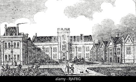 Eine Gravur, die das Äußere des Dulwich College gegründet von Edward Alleyn im Jahre 1619. Edward "Ned" Alleyn (1566-1626) eine Elisabethanische Schauspieler. Vom 19. Jahrhundert Stockfoto