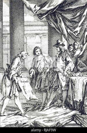 Ein holzschnitt Kupferstich mit der Darstellung eines Gentleman präsentiert Arbeiten von Louis XV. von Frankreich. Louis XV. von Frankreich (1710-1774) ein Monarch aus dem Haus Bourbon, der als König von Frankreich regiert. Vom 18. Jahrhundert Stockfoto