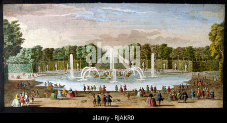 Abbildung: Le Bassin d'Apollon Apollon (Teich), ein Brunnen im Schloss von Versailles, Frankreich. Charles Le Brun, die im Mittelpunkt der Darstellung der Griechischen Gott Apollo aus dem Meer in vier - Pferd wagen. Ein Teich gegraben wurde auf der Website der Brunnen im Jahre 1639 "Der Teich der Schwäne". Als König Louis XIV. hatte es im Jahre 1671 erweiterten, der Teich in Ost - West Ausrichtung und der gemeinsamen Vereinigung der König mit Apollo aufgefordert, Le Brun vorschlagen widmen, die Website zu Apollo. Die Morgendämmerung Thema war zu der Zeit populär und wird auf einige bemalte Decken in europäischen Paläste. Die fo Stockfoto