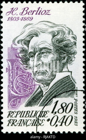 Französische Briefmarke Darstellung Louis-Hector Berlioz, (1803-1869) französischer Komponisten Stockfoto