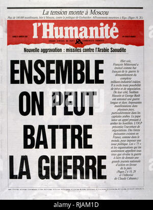 Schlagzeile in 'l'Humanité' einer französischen linken Flügel, Zeitung, Januar 1991 21, Aufruf zum Protest gegen die eskalierende Maßnahmen im Golfkrieg (2. August 1990 - 28. Februar 1991). Unter dem Codenamen Operation Desert Shield und Desert Storm, der Krieg von den Alliierten Streitkräften geführt aus 35 Nationen von den Vereinigten Staaten gegen den Irak als Reaktion auf die irakische Invasion und Annexion Kuwaits. Stockfoto