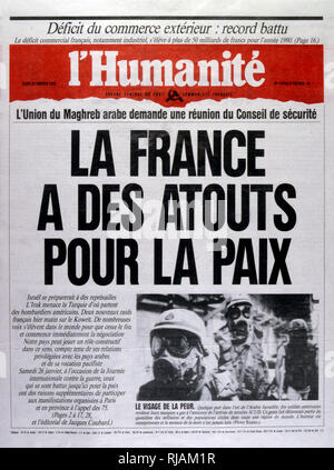 Schlagzeile in 'l'Humanité' einer französischen linken Flügel, Zeitung, 24. Februar 1991, gegen die eskalierende Maßnahmen im Golfkrieg (2. August 1990 - 28. Februar 1991). Unter dem Codenamen Operation Desert Shield und Desert Storm, der Krieg von den Alliierten Streitkräften geführt aus 35 Nationen von den Vereinigten Staaten gegen den Irak als Reaktion auf die irakische Invasion und Annexion Kuwaits. Stockfoto