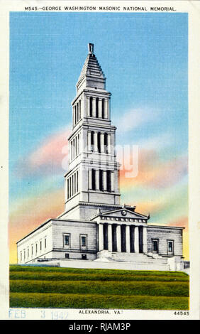 Postkarte mit der Darstellung der George Washington Masonic National Memorial. Circa 1932. Die George Washington Masonic National Memorial ist ein Freimaurer Gebäude- und Gedenkstätte in Alexandria, Virginia, außerhalb von Washington, D.C. Es ist die Erinnerung an George Washington, der erste Präsident der Vereinigten Staaten und ein Maurer gewidmet. Der Turm ist nach dem alten Leuchtturm von Alexandria in Ägypten. Das Gebäude im Jahre 1932 eingeweiht wurde, [2] und der Innenraum schließlich im Jahr 1970 abgeschlossen Stockfoto