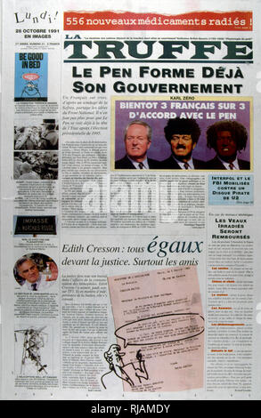 Jean-Marie Le Pen (* 1928), französischer Politiker, Gründer des Front National (Frankreich) auf der Titelseite der französischen Zeitung "Truffe" 1991 dargestellt Stockfoto