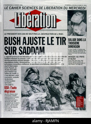 Titelseite der Französischen Kommunistischen Veröffentlichung 'Befreiung' berichtet, dass Präsident Bush ziele Saddam Hussein im Golfkrieg, 6. Februar 1991. Der Golfkrieg (2. August 1990 - 28. Februar 1991), unter dem Codenamen Operation Desert Shield und Desert Storm, war ein Krieg der Streitkräfte der Koalition aus 35 Nationen von den Vereinigten Staaten gegen den Irak als Reaktion auf die irakische Invasion und Annexion Kuwaits. Stockfoto