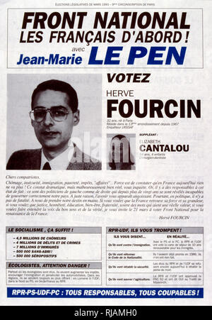 1993 Französische Wahlplakat für Herve fourcin (Partei Front National) Stockfoto