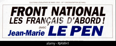 1993 Französische Wahlplakat für Front National (Partei Front National) Stockfoto